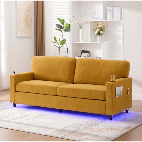 Divano 2 posti in chenille giallo senape 203 cm con USB-C, LED dimmerabile e portabevande (1/5)