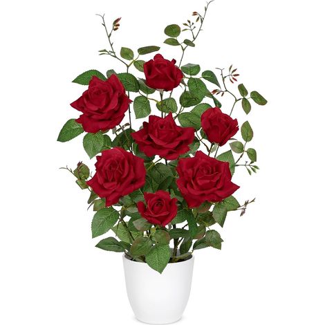 Roses artificielles en pot réaliste en soie pour décoration d'intérieur, fleurs artificielles rouges avec pot blanc, décoration florale pour mariage, salon, chambre à coucher, bureau, centre de (1/5)