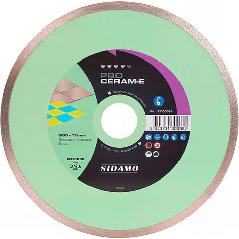 Sidamo – Disque diamant pour meuleuse 11130037 – D. 180 mm – Alésage 30 mm – Coupe grès céram et faïence – Vitesse max 10650 Tr/min