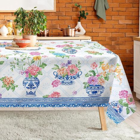 Nappe rectangulaire 140x180 cm à motif floral, polyester, bleu-blanc