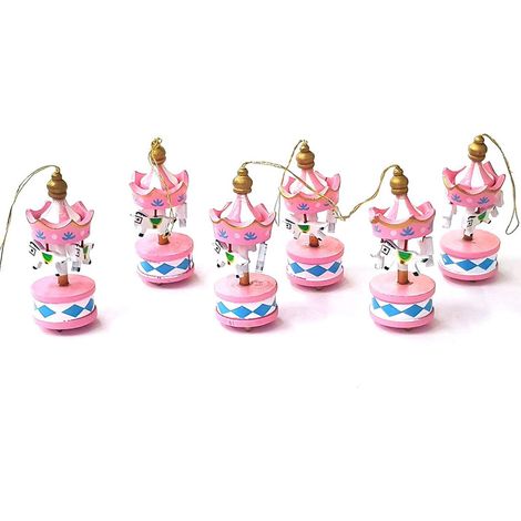 TrAdE Shop Traesio - 6 Mini Carillon Colore Rosa Giostra Cavalli Decorazione In Legno 8x3.5cm Gancio -