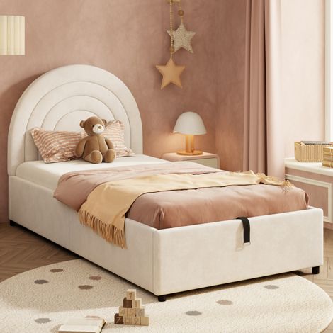 Lit rembourré 90x200 avec sommier à lattes et tête de lit, velours beige, REDOM (1/5)