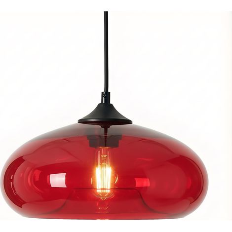 Suspension Luminaire Industriel Vintage avec Abat-Jour en Verre Soufflé 28cm - Lampe Suspendue Plafond E27 pour Cuisine, Salon & Salle à Manger (Rouge) (1/5)