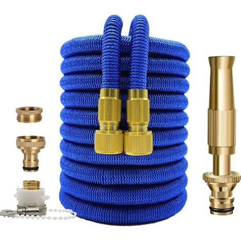 Tubo da giardino estensibile da 7,5 m – Tubo intrecciato blu resistente con ugello in ottone e kit completo