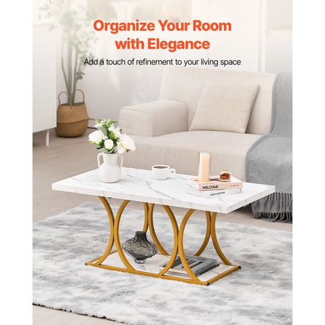 Table Basse en Faux Marbre, Table de Salon Rectangulaire à 2 Niveaux, Meuble de Rangement Plateau de 100 x 55 cm, avec Pieds Géomét… (1/5)