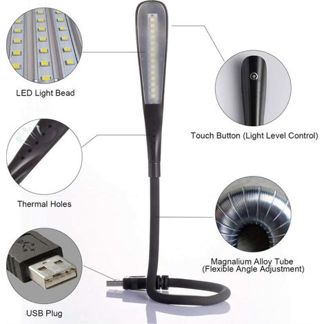 Lampe LED USB, lampe de lecture pour clavier d'ordinateur, lumière USB réglable pour ordinateur portable, conception flexible en col de cygne, contrôle tactile (noir) (1/4)