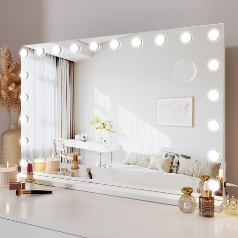 Miroir Maquillage Hollywood - 20 Ampoules LED, 90 x 60 cm - Blanc Contrôle Tactile, 3 Modes Luminosité Réglable, sur Table et sur Mur, Port Type C et USB (1/5)