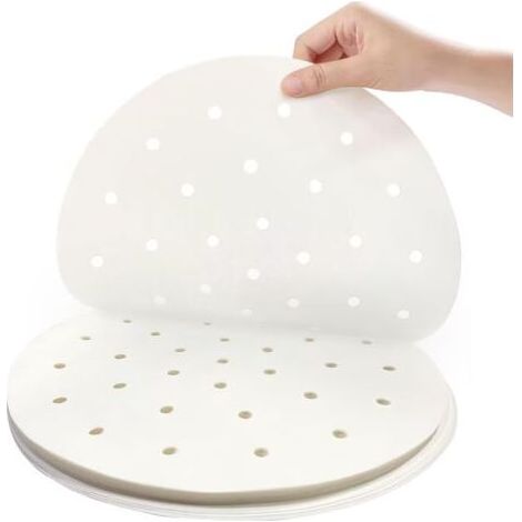 Accessoires de revêtement en papier jetables pour friteuse à air 7 pouces 100 pièces revêtement de cuisson à vapeur en bambou parchemin perforé antiadhésif imperméable 100% pâte de bois d'origine pure (1/5)
