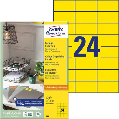Avery-Zweckform 3451 Etichetta universale 70 x 37 mm Carta Giallo 2400 pz. A tenuta permanente Stampante a getto d'inch (1/5)
