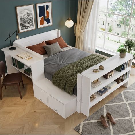 Lit 120x200 cm avec bureau et rangements blanc OKMYHOME (1/5)