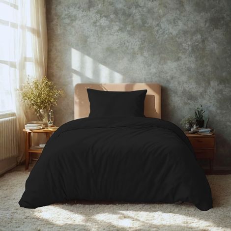 Literie Housse de Couette 135x200 cm 2 Parties + taie d'oreiller 40x80 cm, 100% Microfibre brossée, Noir (1/5)