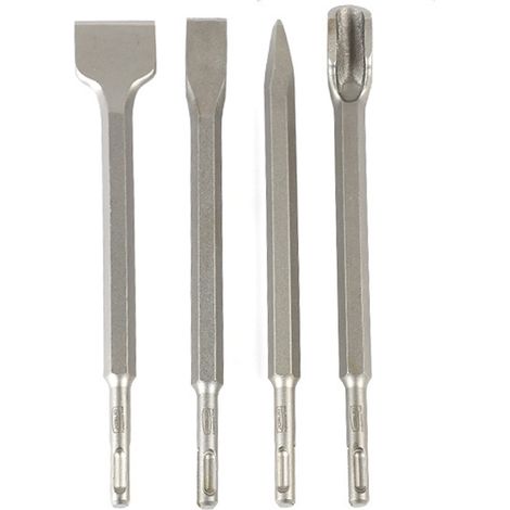 Set de 4 burins marteau électrique : pointe, plat, en U, queue ronde pour perforateur (1/5)