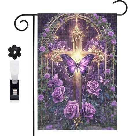 Drapeau vertical Welcome et croix avec papillon 30 x 45 cm décoration saisonnière cour (1/5)