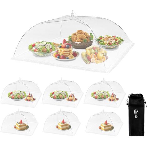 Set di 7 coperture per alimenti in rete bianca: 1 grande (100x60 cm), 3 standard (43x43 cm) e 3 piccole (38x38 cm). Tenda pieghevole anti-insetti per alimenti, frutta e barbecue. (1/5)