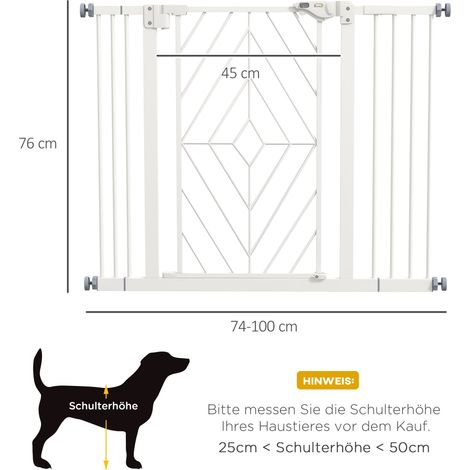Barrière escalier canine blanc sans perçage porte automatique fermeture auto 74-100cm, grille mixte protection bébés et animaux domestiques (1/5)