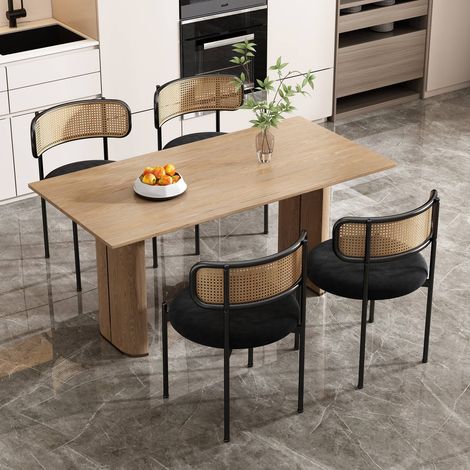 Lot de 4 chaises de salle à manger en velours, fauteuil moderne avec pieds métalliques, chaise en rotin pour salon et chambre, noir (1/5)