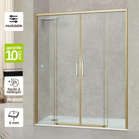 Paroi de douche coulissante en verre trempé 6 mm – L156 x l160 x H195 cm – profilé or – ouverture 180° – traitement anti-calcaire - L156xl160H195 (1/5)