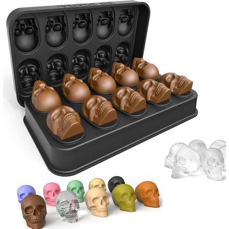 3D-Totenkopf-Eiswürfelform mit Deckel, Silikon-Eiswürfelform, für Whiskygläser, Scotch, Cocktails und Liköre, Backform, Gelee, Mousse-Torte, Halloween-Party (1/4)