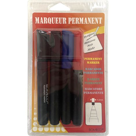 Marqueurs permanents assortis pointe ogive 5,2 mm. Blister de 4 : 1 rouge, 1 bleu et 2 noirs (1/2)
