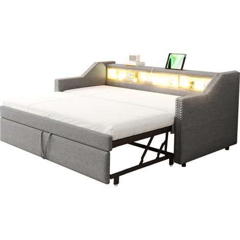 Canapé-lit gigogne 90/180x190 cm en tissu gris clair avec LED, USB, 3 niches de rangement et sommier à lattes, lit extensible gain de place  CHICFURN (1/5)
