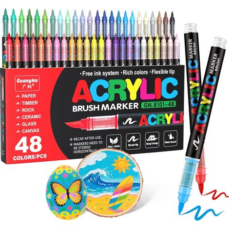 Marqueur Peinture Acrylique - Pointe Brosse Élastique - 48 Couleurs - Pour Pierre Bois Verre Toile Tissu - Lot de 48