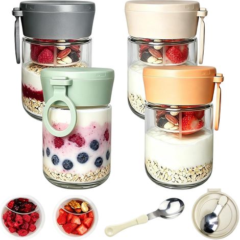 Gobelets à céréales à emporter avec cuillère pliable, lot de 4 gobelets à yaourt avec design double couche, bocaux avec couvercle pour la conservation de salade de fruits, yaourt (1/5)