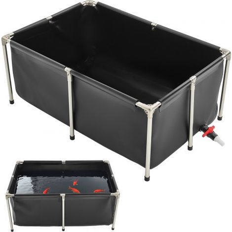 Bassin à Poissons Hors Sol, Capacité 480 L, Étang à Poissons en Toile PVC Rectangulaire, avec Cadre Stable Acier Inoxydable, Vanne de Vidange, pour Élevage Poissons Rouges, Carpes, Koïs, Noir (1/3)