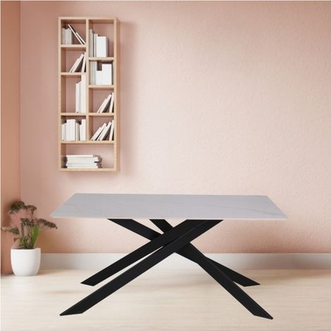 Tavolo Star con piano in ceramica effetto marmo bianco lucido e gambe nere (1/5)