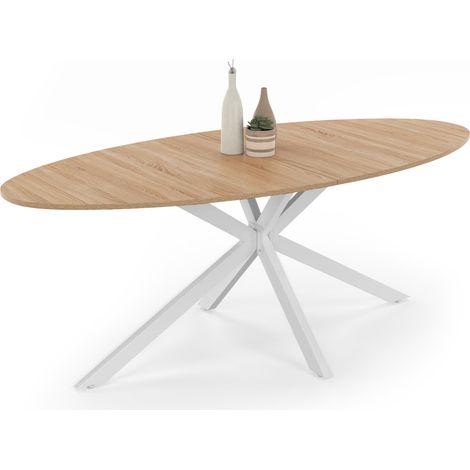 Idmarket – Table de salle à manger ovale 200 cm – 10 places – Pied araignée en métal blanc – Plateau MDF effet bois (1/5)