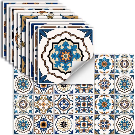 24 Pièces Stickers Carrelage Auto-AdhéSif Vinyle ÉTanche Stickers Muraux Pour Cuisine Salle De Bains Carrelage Mur CheminéE Placard DéCoration Autocollants,HZ-38,20x20cm (1/5)