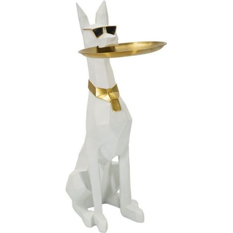 Statua Cane Pitbull Origami con Vassoio Portaoggetti - Design Glam Bianco e Oro Cm 27x51x74 - Decorazione Funzionale in Polyresin
