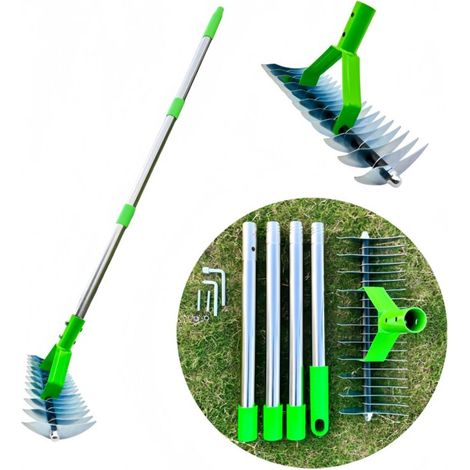 XEPHO Râteau de scarificateur avec manche de 160 cm, râteau à mousse, râteau de scarification, scarificateur manuel réglable, râteau de sol pour nettoyer l'herbe morte, pour jardin, cour, pelouse