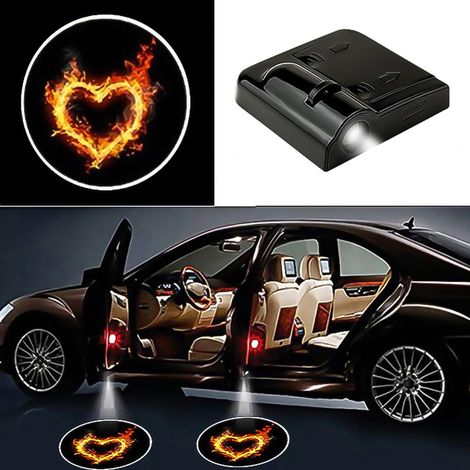 (Cœur de feu) 1 projecteur laser LED universel pour porte, logo de bienvenue, veilleuse fantôme, lampe de courtoisie sans fil pour voiture, accessoires auto, éclairage pour véhicules. (1/5)