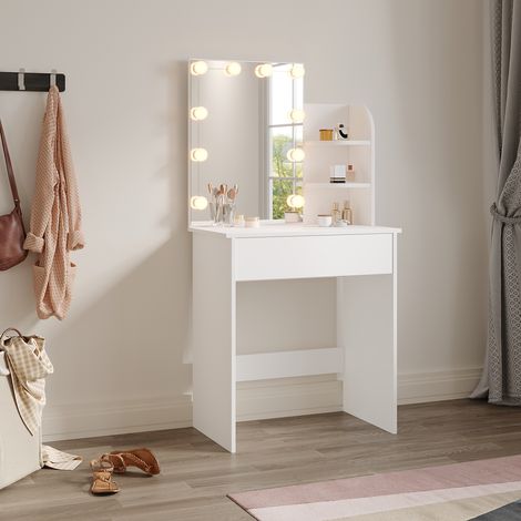 ELEGANT Dressing Table with Mirror and LED Light, Three-colour Mode, Makeup Desk with Drawers for Bedroom, 70x40x140cm White