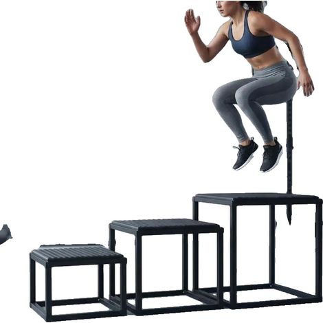 Cajones de salto pliométricos, altura regulable, superficie antideslizante, color negro. (1/2)