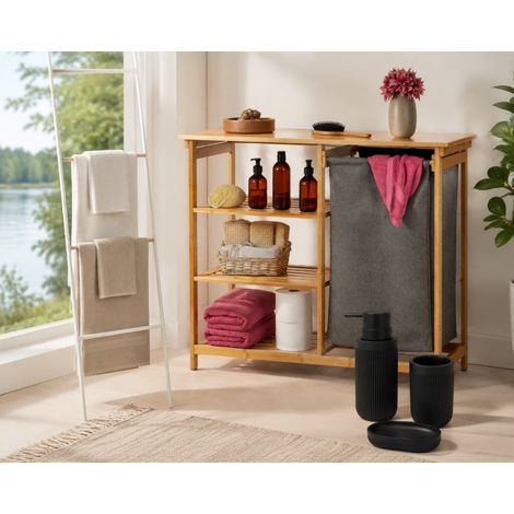 Ensemble de rangement pour salle de bains de style champêtre (3 pièces) – Échelle à serviettes, étagère à linge et trio d'accessoires en résine (1/5)