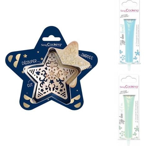 Kit pour biscuit en relief Étoile + 2 Stylos au chocolat bleu pastel et vert d'eau (1/2)