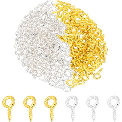 4x8mm Piton à Visser Environ 600Pcs Crochet a Visser Crochets à Vis Filetés en Métal Mini Boucle pour la Fabrication de Bijoux Bouteilles de Liège Bricolage, Doré, argenté (1/5)