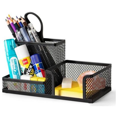 Organizer da scrivania in rete con portapenne e cestini portaoggetti per accessori da ufficio, 3 scomparti, nero (1/5)