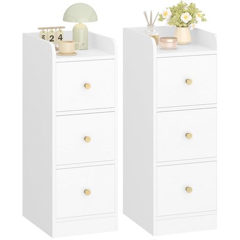 Table de Chevet Lot de 2, Tables d'Appoint étroite avec 3 Tiroirs, Table de Nuit avec Protection Supérieure, pour Espaces Étroits pour la Chambre à Coucher, Salon, Bois Blanc Grainé (1/5)