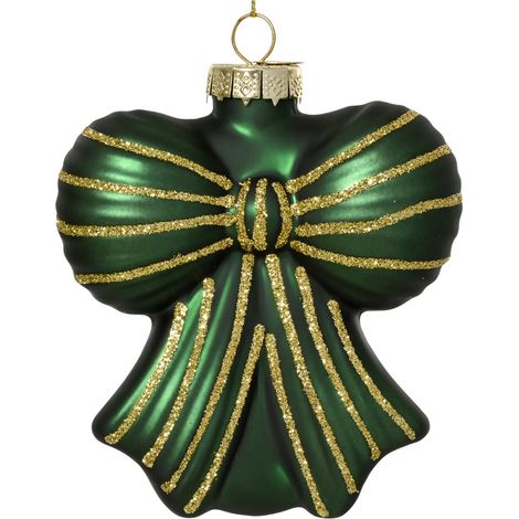 Kaemingk – Suspension de Noël nœud vert pin mat avec paillettes dorées – Verre, L 9 x H 10 cm