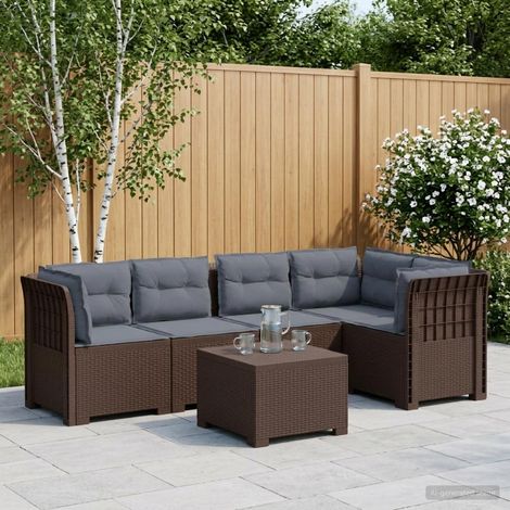 Canapé de Jardin Modulable 5 Places avec Coussins Aspect Rotin PP Marron Gris Clair - PANGIVO (1/5)