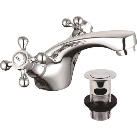 Edwardian Traditional Chrome Mono Basin Tap Classic Cross Head Vanity Tap +Waste (1/2)