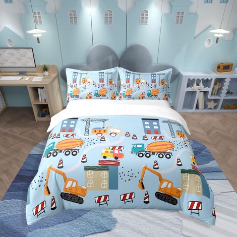 Enfants poussette 140x200cm Excavatrice Construction Housse de Couette Adolescent Microfibre Bleu Voiture Literie Enfants Taie d'oreiller 65x65 Fun bébé Parure de Lit Véhicules de construction (1/5)