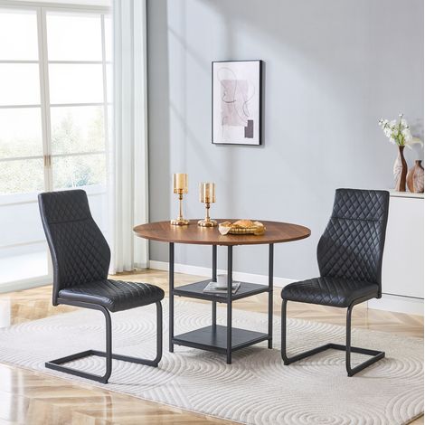 Juego de comedor redondo (107x107x75 cm), con doble estante, 2 sillas, estilo industrial, MDF y metal, negro y nogal (1/5)