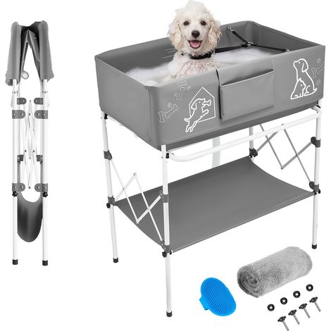 Baignoire pour Chien Surélevée, Pliable et Portable, avec Tuyau de Vidange Intégré, pour Petits et Moyens Animaux, Intérieur et Extérieur, Gris (1/5)