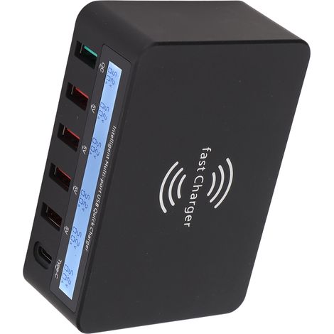 Station de charge USB pour téléphone, bloc 40 W, 6 ports, compatible QC 3.0, base de charge sans fil avec écran LCD, 100-240 V, noir, prise australienne (1/5)