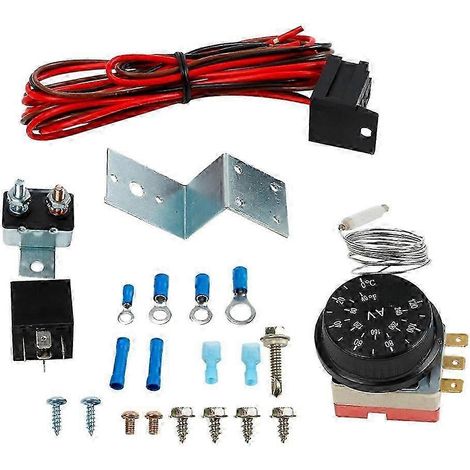 Kit de thermostat et de commande pour ventilateur de radiateur électrique 12 V, comprenant un relais et un câblage pour voiture ou camion. (1/5)