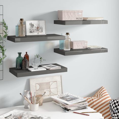 Lot de 4 Étagère murale,Étagère suspendue,Etagères Flottantes Gris brillant 50x23x3,8 cm MDF CFW31017 (1/5)