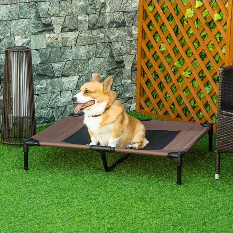 Lit d'extérieur surélevé pour chien grand format avec cadre métal robuste et maille respirante 92 x 76 x 18 cm marron café (1/5)